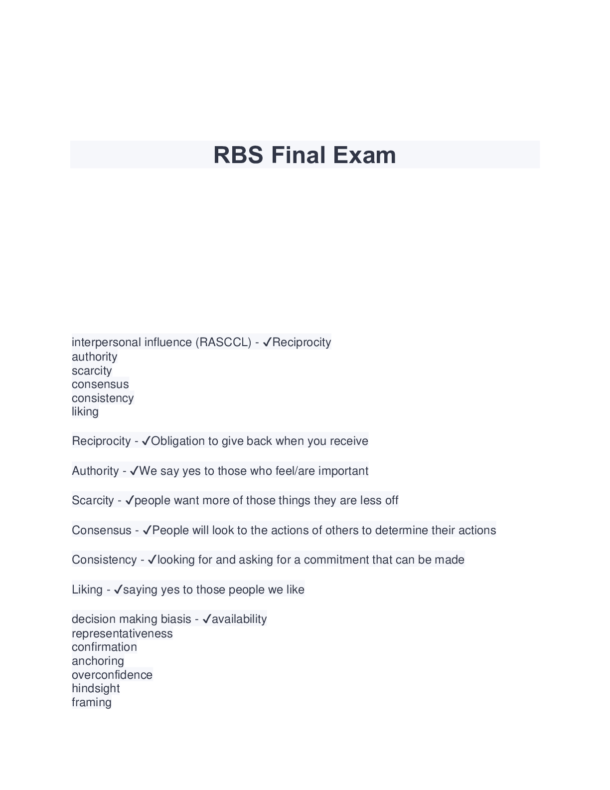 RBS Final Exam (Latest 2023/2024) Verified Answers 100 Correct